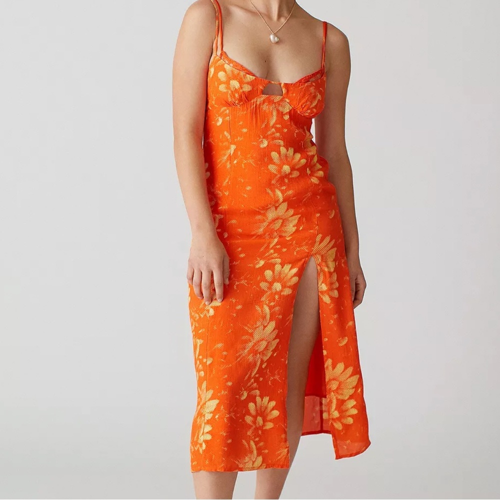 Urban Outfitters Size Small Orange Floral Lace Trim Leg Slit Midi Dress Travel‎